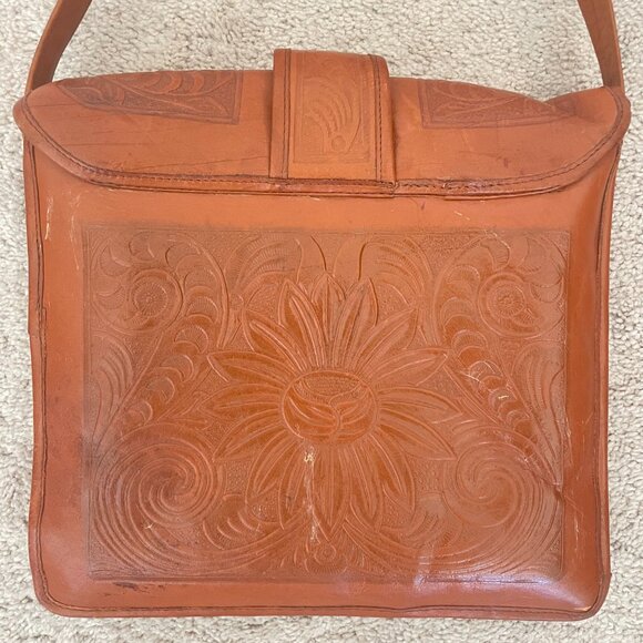 Vintage Hand-Tooled Leather Shoulder Bag – Mahogany Caramel Brown Floral Pattern - Picture 3 of 14
